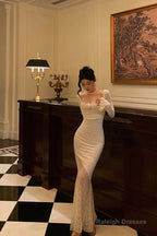 Modest Sheath Off The Shoulder Long Sleeves Lace Prom Dress