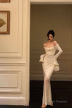 Modest Sheath Off The Shoulder Long Sleeves Lace Prom Dress