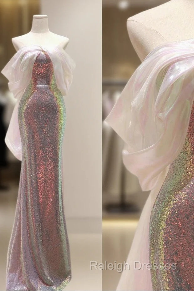 Modest Sheath Off The Shoulder Sequin Long Party Dress Pink Prom Dress Main image