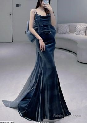Modest Sheath Strapless Navy Blue Velvet Long Party Dress Prom Dress Main image