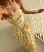 Modest Sheath Strapless Yellow Chiffon Floral Prom Dress Long Prom Dresses 22Th Birthday Outfits Graduation Dresses
