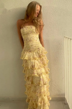 Modest Sheath Strapless Yellow Chiffon Floral Prom Dress Long Prom Dresses 22Th Birthday Outfits Graduation Dresses