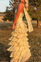 Modest Sheath Strapless Yellow Chiffon Floral Prom Dress Long Prom Dresses 22Th Birthday Outfits Graduation Dresses