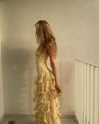 Modest Sheath Strapless Yellow Chiffon Floral Prom Dress Long Prom Dresses 22Th Birthday Outfits Graduation Dresses