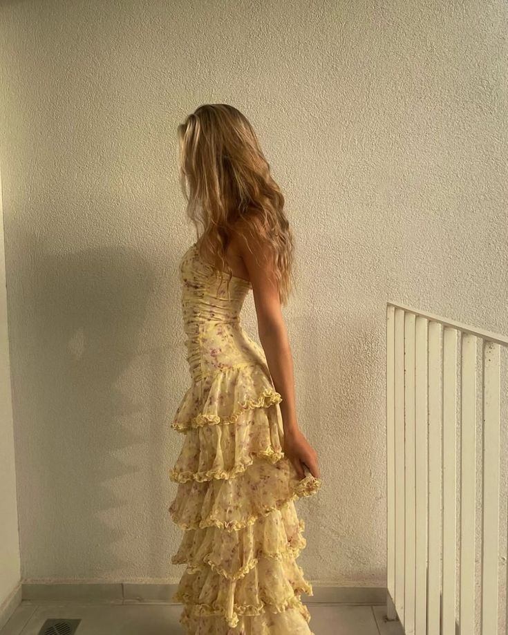 Modest Sheath Strapless Yellow Chiffon Floral Prom Dress Long Prom Dresses 22Th Birthday Outfits Graduation Dresses