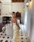 Modest Sheath Straps Chiffon Yellow Prom Dress