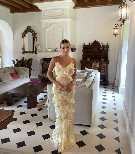 Modest Sheath Straps Chiffon Yellow Prom Dress