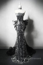 Modest Silver Mermaid Strapless Sequin Tulle Prom Dresses Long Prom Dresses