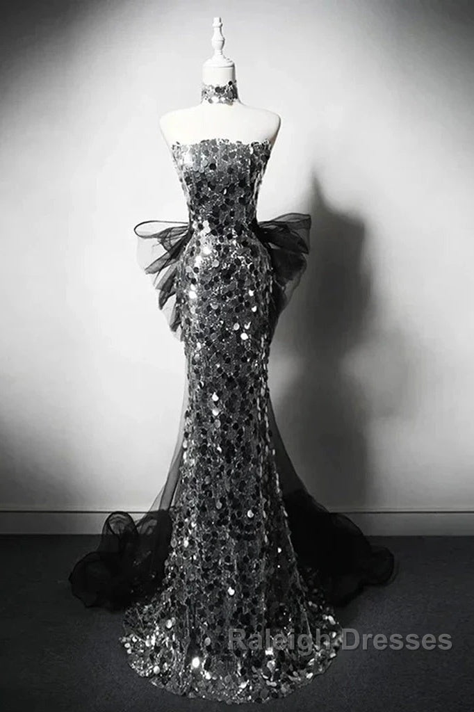 Modest Silver Mermaid Strapless Sequin Tulle Prom Dresses Long Prom Dresses