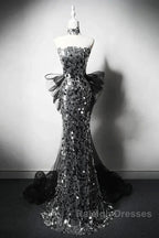 Modest Silver Mermaid Strapless Sequin Tulle  Long Prom Dress Formal Evening Dress