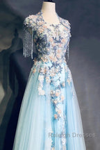 Modest Sky Blue A-Line Tulle Beading Embroidery Appliques Long Prom Dress Pageant Gown