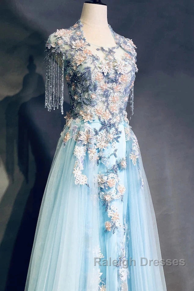 Modest Sky Blue A-Line Tulle Beading Embroidery Appliques Long Prom Dress Pageant Gown