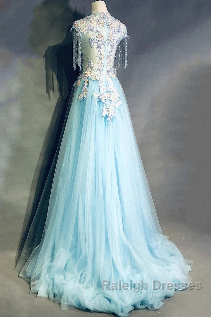 Modest Sky Blue A-Line Tulle Beading Embroidery Appliques Long Prom Dress Pageant Gown
