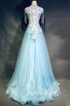 Modest Sky Blue A-Line Tulle Beading Embroidery Appliques Long Prom Dress Pageant Gown