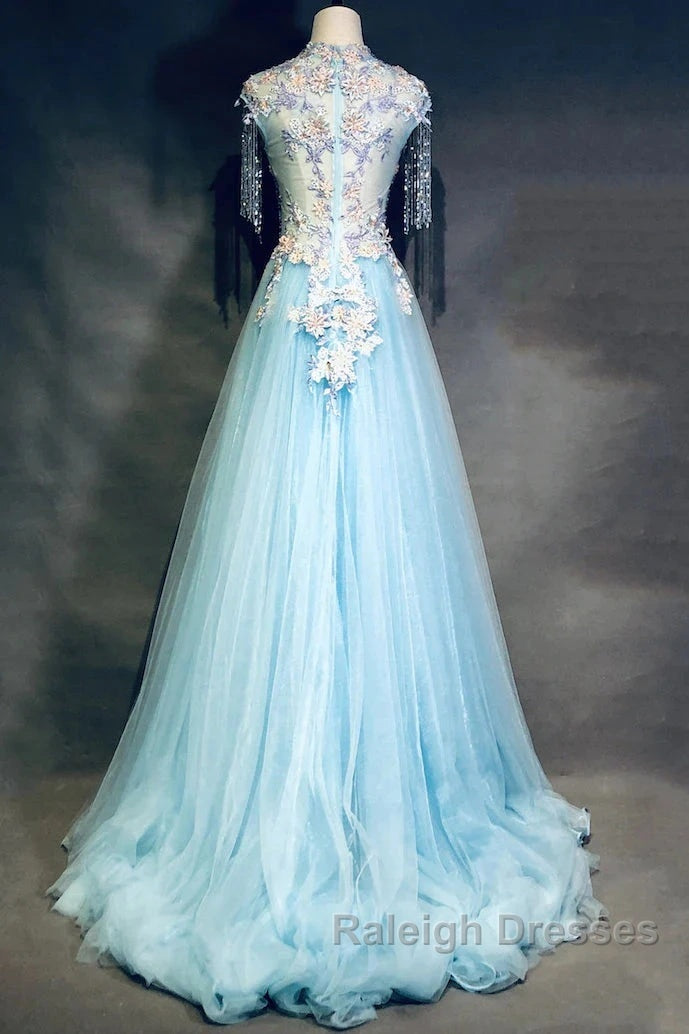 Modest Sky Blue A-Line Tulle Beading Embroidery Appliques Long Prom Dress Pageant Gown