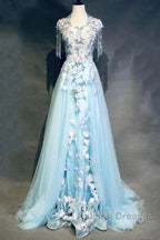 Modest Sky Blue A-Line Tulle Beading Embroidery Appliques Long Prom Dress Pageant Gown
