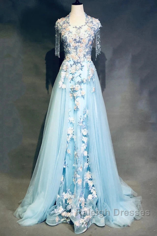 Modest Sky Blue A-Line Tulle Beading Embroidery Appliques Long Prom Dress Pageant Gown