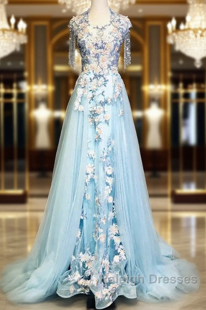 Modest Sky Blue A-Line Tulle Beading Embroidery Appliques Long Prom Dress Pageant Gown Main image