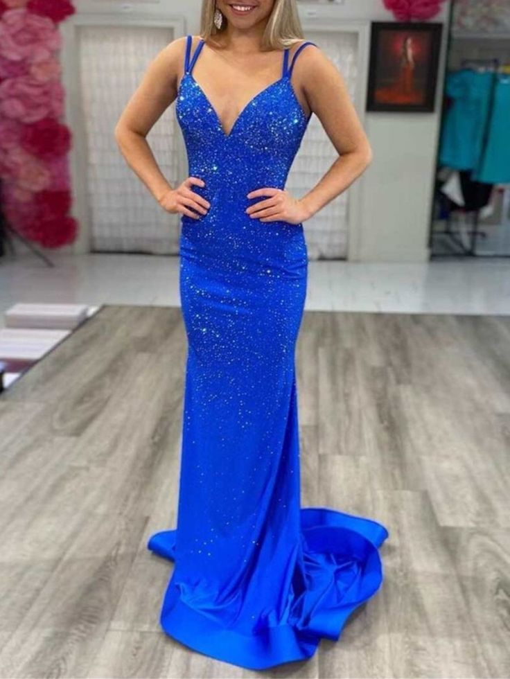 Modest Trendy Mermaid Spaghetti Straps Navy Blue Sequins Prom Dress Style Long Senior High School Dance Prom Dresses
