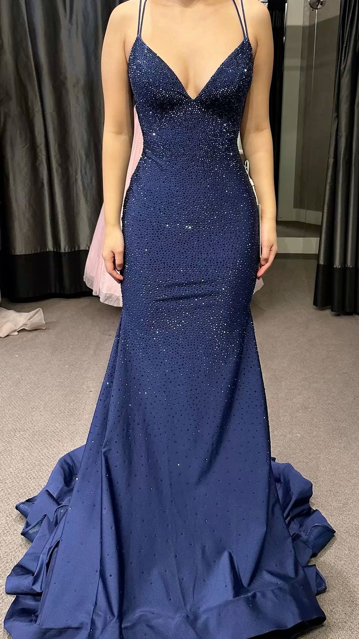 Modest Trendy Mermaid Spaghetti Straps Navy Blue Sequins Prom Dress Style Long Senior High School Dance Prom Dresses