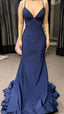 Modest Trendy Mermaid Spaghetti Straps Navy Blue Sequins Prom Dress Style Long Senior High School Dance Prom Dresses
