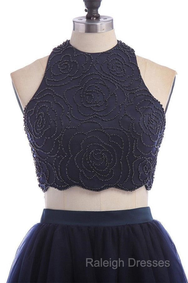 Modest Two Pieces Sleeveless Hollow Navy Blue Homecoming Dress Secondary image