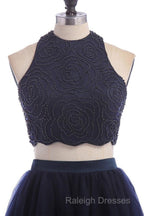 Modest Two Pieces Sleeveless Hollow Navy Blue Homecoming Dress