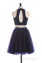 Modest Two Pieces Sleeveless Hollow Navy Blue Homecoming Dress