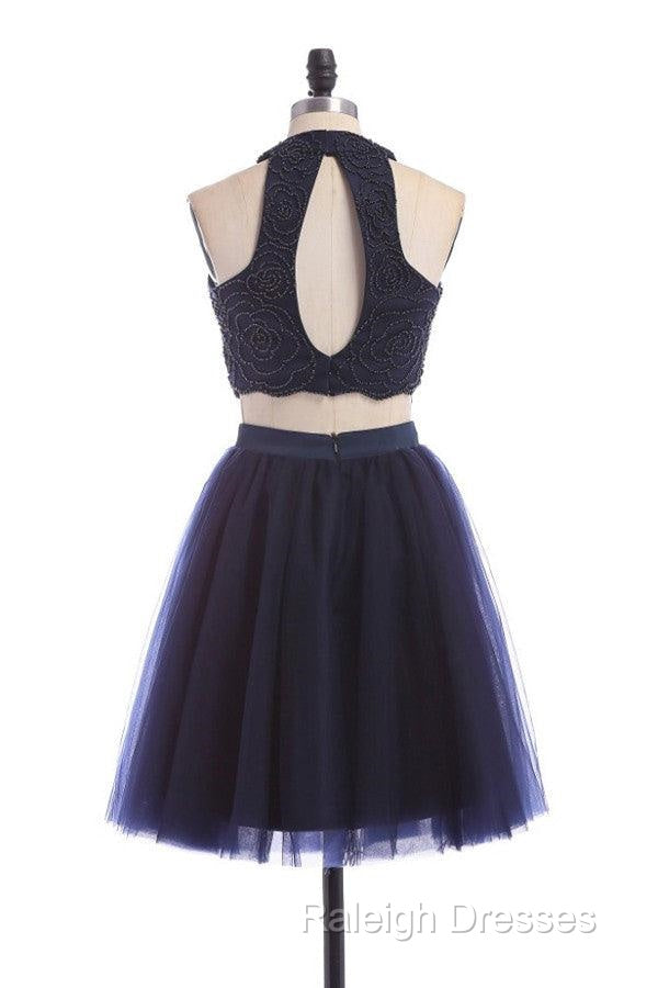 Modest Two Pieces Sleeveless Hollow Navy Blue Homecoming Dress