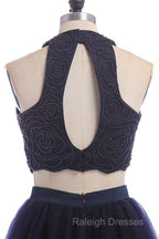 Modest Two Pieces Sleeveless Hollow Navy Blue Homecoming Dress