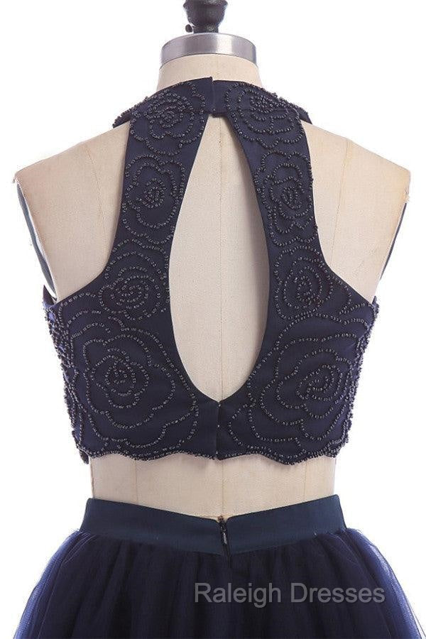Modest Two Pieces Sleeveless Hollow Navy Blue Homecoming Dresses