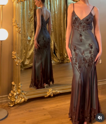 Vintage-Inspired Prom Dress Blue Satin Spaghetti Straps Coffee Chiffon Prom Dress Long With Beading
