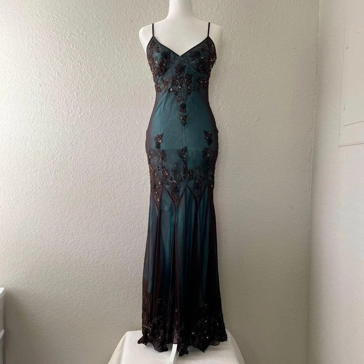 Vintage-Inspired Prom Dress Blue Satin Spaghetti Straps Coffee Chiffon Prom Dress Long With Beading