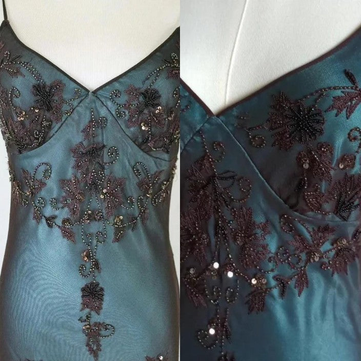 Vintage-Inspired Prom Dress Blue Satin Spaghetti Straps Coffee Chiffon Prom Dress Long With Beading