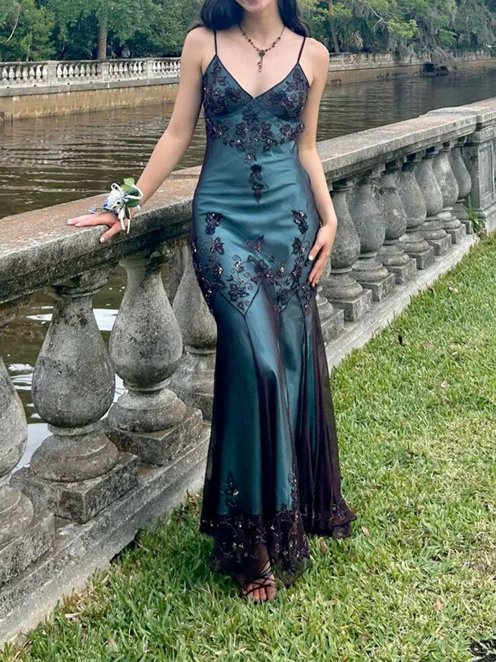 Vintage-Inspired Prom Dress Blue Satin Spaghetti Straps Coffee Chiffon Prom Dress Long With Beading