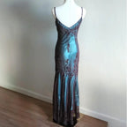 Vintage-Inspired Prom Dress Blue Satin Spaghetti Straps Coffee Chiffon Prom Dress Long With Beading