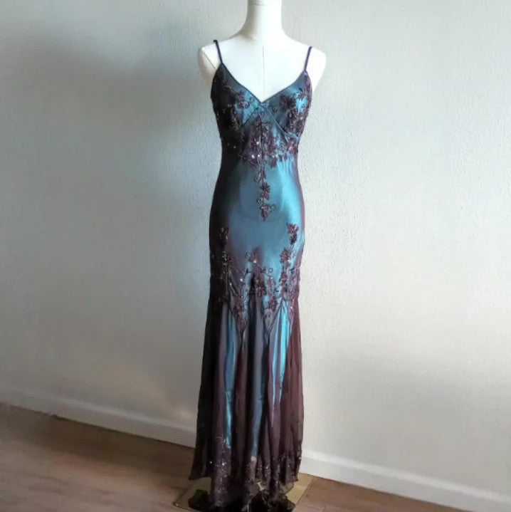 Vintage-Inspired Prom Dress Blue Satin Spaghetti Straps Coffee Chiffon Prom Dress Long With Beading