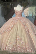Pink/Purple/Green Sweet Lace Applique Long Tulle Quinceanera Dress Ball Gown Evening Dress