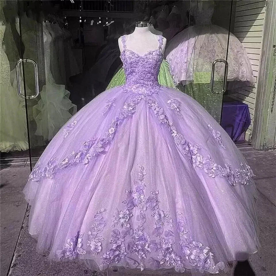 Pink/Purple/Green Sweet Lace Applique Long Tulle Quinceanera Dress Ball Gown Evening Dress