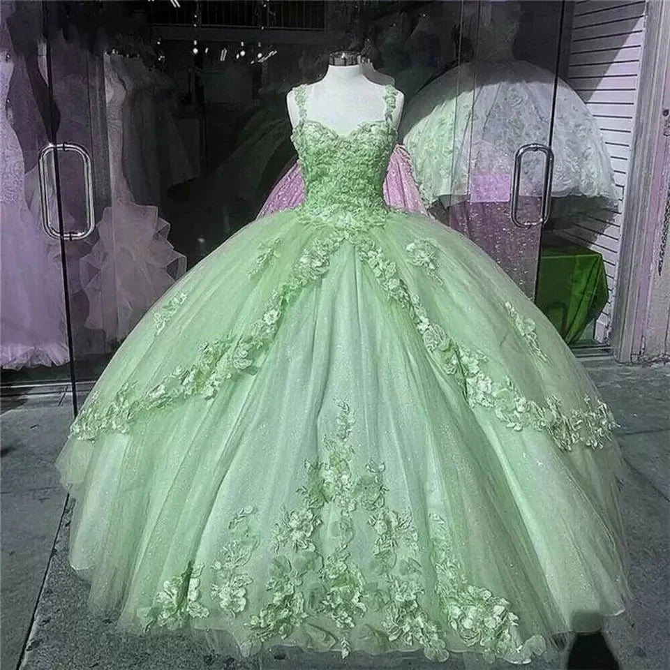 Pink/Purple/Green Sweet Lace Applique Long Tulle Quinceanera Dress Ball Gown Evening Dress