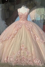 Pink/Purple/Green Sweet Lace Applique Long Tulle Quinceanera Dress Ball Gown Evening Dress