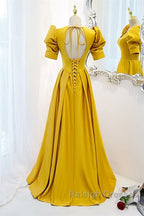 Mustard Yellow Satin Backless Dress With Sleeves