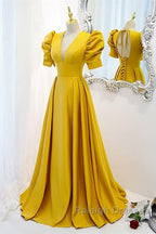Mustard Yellow Satin Backless Dress With Sleeves