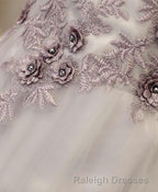 Gray A Line Off Shoulder Floor Length Prom Dress, Lace Evening Dress