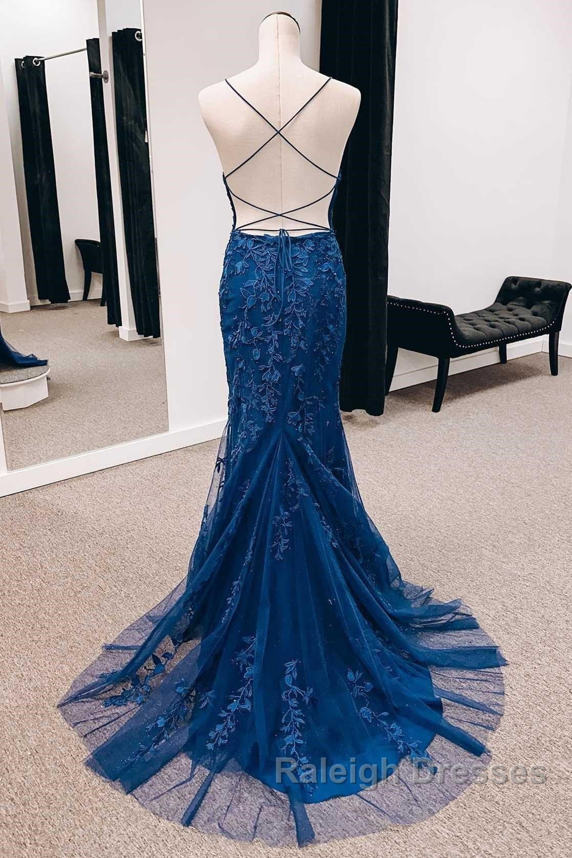 Navy Appliques Lace-Up Back Mermaid Prom Dresses Long With Slit