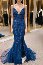 Navy Appliques Lace-Up Back Mermaid Long Prom Dress With Slit
