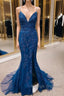 Navy Appliques Lace-Up Back Mermaid Long Prom Dress With Slit