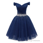Navy Beaded Sweetheart Off Shoulder Tulle Homecoming Dresses New Style Short Prom Dress