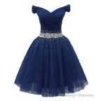Navy Beaded Sweetheart Off Shoulder Tulle Homecoming Dress, New Style Short Prom Dresses
