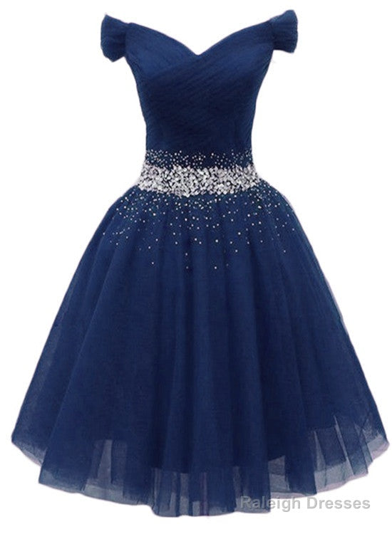 Navy Beaded Sweetheart Off Shoulder Tulle Homecoming Dress, New Style Short Prom Dresses Main image